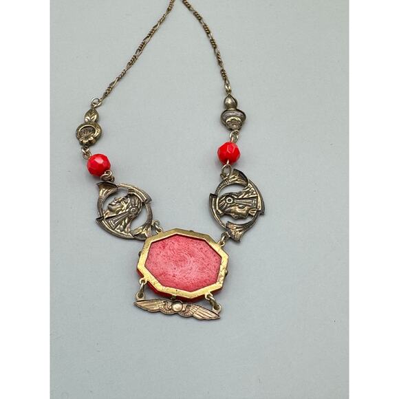 Vintage Sadie Green Antique Style Victorian Pendant Necklace with Red Glass - Picture 8 of 11